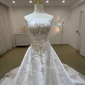 Vestido de Novia sin Tirantes con Cristales y Satén, Decorado con Encaje Floral Moderno, Envío Directo, Lsjj24 - Product Image 3