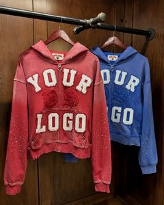<span class=keywords><strong>Sweat</strong></span>-shirts décontractés personnalisés en <span class=keywords><strong>coton</strong></span> doublé 100% avec fermeture éclair, broderie pailletée, imprimé vintage, effet vieilli et strass - Product Image 2