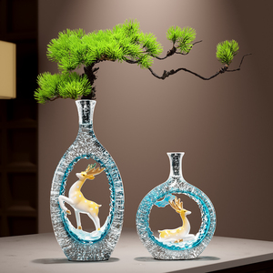 Nouveau vase en verre style chinois avec cerf porte-bonheur et ornement de branche de pin pour la décoration du salon, de l'entrée et du meuble TV - Product Image 1
