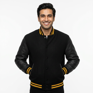 Custom Men's <b>Wool</b> Letterman Real Leather Varsity Jacket Black with <b>Red</b> Color Embroidery Logos CollegeBaseballjacket for men - Product Image 1