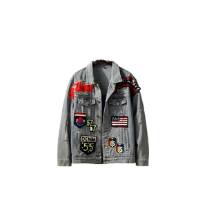 Veste en jean vintage de qualité supérieure, style patchwork, avec délavage effet usé et design respirant, disponible en stock ou personnalisable. - Product Image 1