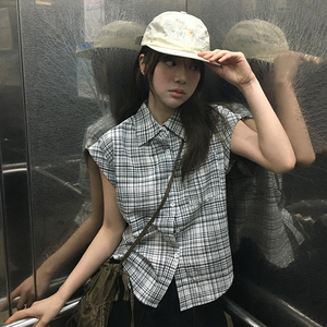 Camisa de Verano Europea, Sexy y Chic, a Cuadros, con Botones, Manga Corta, Corte Ajustado, Cintura Ajustada, Estilo Cárdigan - Product Image 3