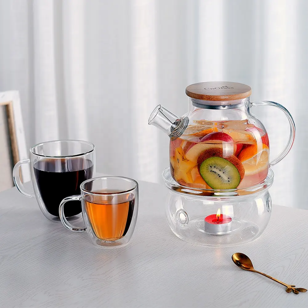 CnGlass grosir Pot teh kaca kualitas tinggi dan Set penghangat Stovetop gelas aman teko dan cangkir set teh kaca