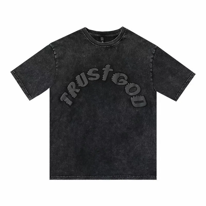 Top New Vintage Washing Puff Print Trust God Men High Quality Sunday Service Short Sleeve Tee T-shirts