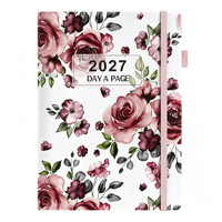Agenda A5 à couverture rigide en PU/papier à motif floral, 2027, une page par jour, avec bande élastique pour le bureau et l'école