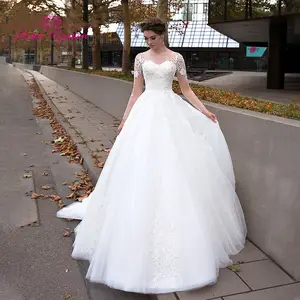 Aster garden A-Line Wedding Dress 2021 Classy V-Neck Appliques Princess Bride Long Sleeve Court Train Beach Tulle Bridal Gown