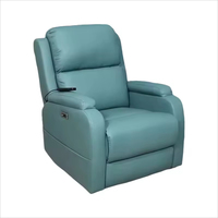 Fauteuil inclinable bleu contemporain avec mécanisme motorisé, revêtement en cuir PU, rembourrage moelleux, commande latérale, siège de relaxation confortable pour seniors