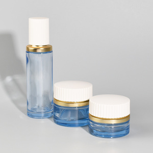 Ensemble de flacons de soin de la peau <span class=keywords><strong>en</strong></span> <span class=keywords><strong>verre</strong></span> bleu de qualité supérieure, flacons cosmétiques de haute qualité, flacon pompe pour lotion, pot rond pour crème, combo - Product Image 1