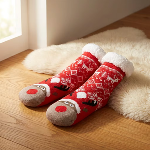 [Cadeau mignon] Chaussettes pantoufles doublées en sherpa pour tout-petits, motif cœur d'animal, antidérapantes, chaudes pour l'hiver, chaussettes thermiques d'intérieur - Product Image 1