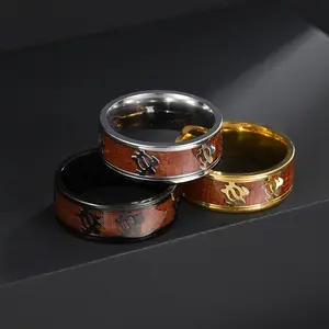 New Wood Grain Ring Retro Micro Inlay Wood Grain Oil Drop Titanium Steel Ring Gold Silver Black Sea Turtle Stainless Steel Ring