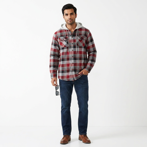 Chemise à carreaux en flanelle brossée pour homme à manches longues, couleur personnalisée en usine, nouveau motif, dernière conception, col montant à capuche, poche décorative - Product Image 1