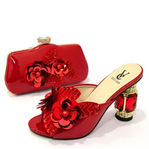 꽃 스타일 이탈리아 신발 일치하는 가방 세트 고품질 여성 웨딩 신발 및 가방 행사 세트