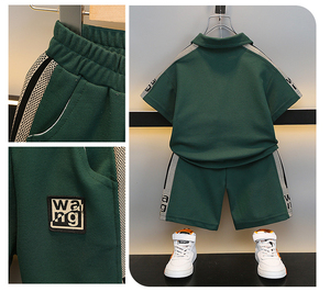 Set Pakaian Polo Musim Panas Anak Laki-Laki Kemeja Lengan Pendek Bergaris Hijau & Celana Pendek Kasual Dua Potong Pakaian Anak Set Balita Bernapas - Product Image 3
