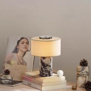 Luxuriöse Marmor-Tischlampe mit Stoffschirm |   Moderne Dekorative Nachttischlampe für Wohnzimmer & Schlafzimmer - Product Image 1