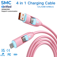 Kabel Data Pengisian Cepat Silikon Cair 4 in 1, Inti Kabel Charger Multi Konektor 1M Warna Macaron untuk Ponsel, Tablet, Power Bank