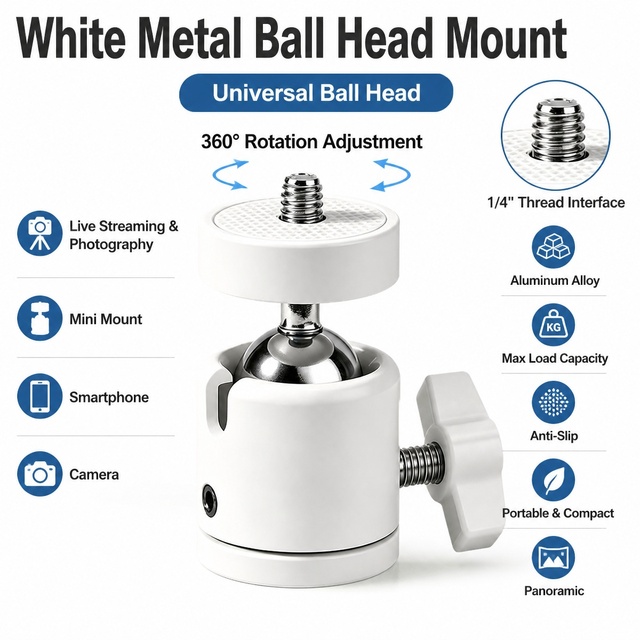 Universal Camera Ball Head Mount Heavy Duty Metal 1/4 Rotating Bracket Swivel Tripod Adapter for White LED Light Projector
