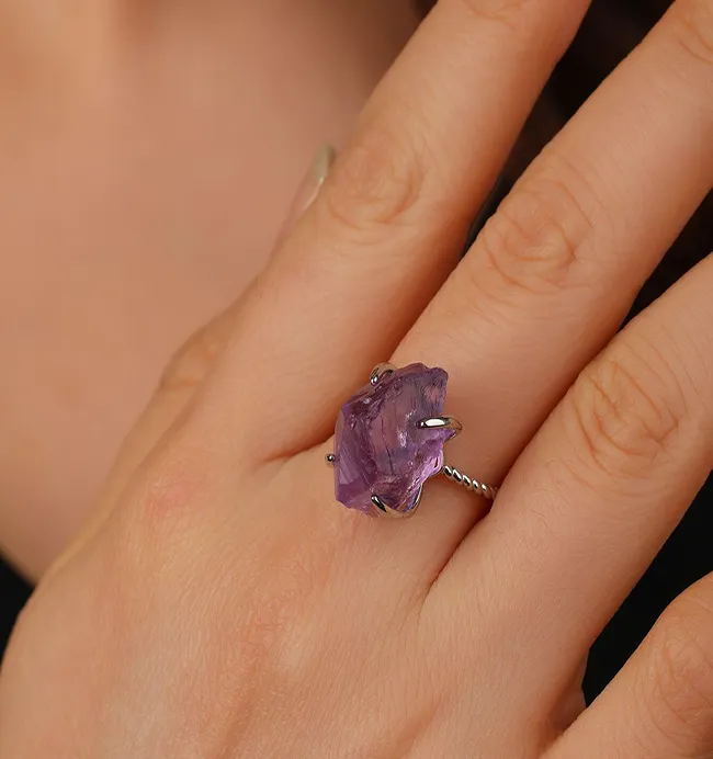 Jewelry Irregular Natural Stone Fine Finger Rings Adjustable Crystal Amethyst Rings