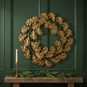 Corona de Hojas de Roble Metálica Rústica, Redonda, Hecha a Mano, Decorativa, con Flores, sin Luces, para Colgar en la Pared en Navidad, Paquete Individual - Product Image 3