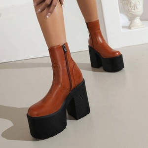 Side Zipper Women Thick Sole Short Boots Block Medium <b>Heels</b> Shoes <b>Round</b> <b>Toe</b> High Platform US Size 11 Pumps - Product Image 3