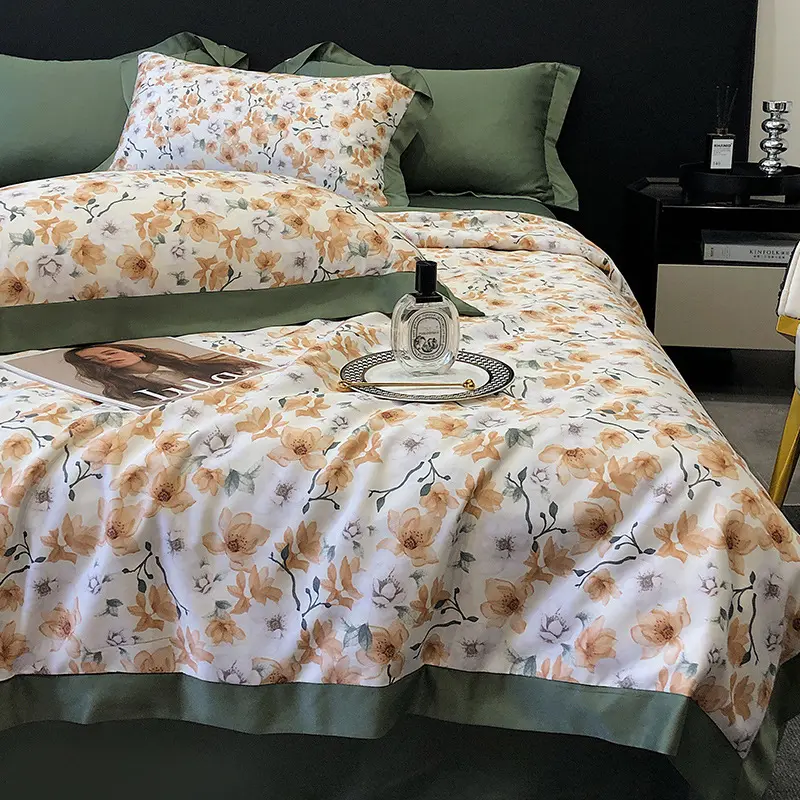 Custom Designs 60s Tencel Printed Comforter 4pcs Summer Quilt Set Queen Size Bed Sheet Bedding Sets