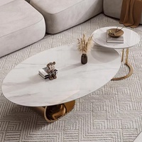 Table basse moderne simple et légère de luxe en acier inoxydable avec boule ronde Combinaison de table basse ovale à panneau de roche pour petit salon