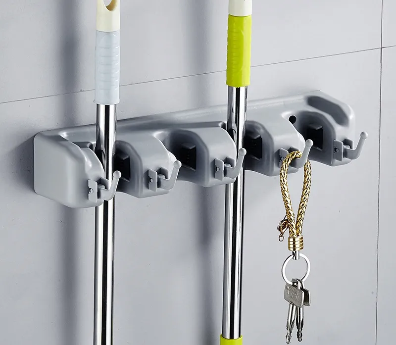 Wholesales Dropshipping Closet Plastic Heavy Duty Wall Mount Bathroom Broom Holder With Hooks