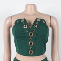 Ensemble deux pièces décontracté coupe ajustée col en V avec boucle métallique et fermeture boutonnée, uni, pour l'été