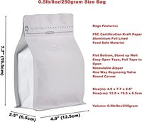 Sacs à café en papier kraft blanc, pochettes à café à fond plat debout à haute barrière avec valve de dégazage