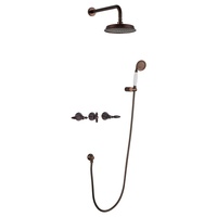 Ensemble de douche encastré 3 voies en laiton antique avec pommeau de pluie rond, bras courbé, robinet encastré rond et douchette vintage