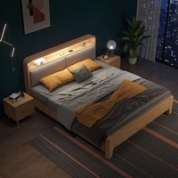 Lit simple et double en bois massif de style nordique minimaliste moderne avec tête de lit moelleuse et rangement