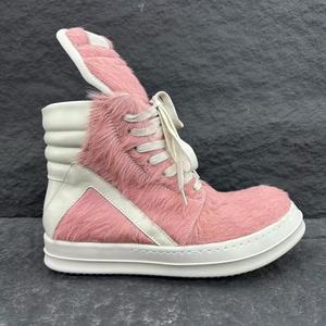 Pink Fur High Top Lace-Up Winter Boots Round Toe Plush Lining Rubber Outsole EVA Midsole Solid Color Walking <b>Shoes</b> - Product Image 3