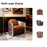 Fauteuil baril vintage industriel style aviateur avec motif Union Jack britannique, fauteuil d'appoint en cuir véritable pour bar, maison, salon