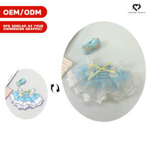 Robe de poupée ours blanc rayée bleue et blanche avec accessoire tasse de thé au lait à bretelles et ensemble de costume d'ours - Product Image 6