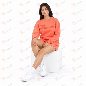 Ensemble short 2 pièces en polaire pour femme Tiierwear, col rond, imprimé lettres brodées, coupe décontractée, printemps-été, orange - Product Image 5