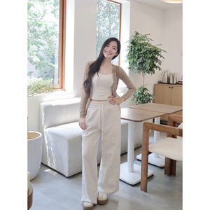 Precio de fábrica Pantalones de mujer de lana de pierna ancha con cordón Elástico Cintura alta Detalle de costura resaltada - Product Image 4