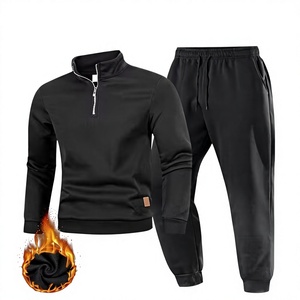 Ensemble survêtement polaire pour homme, col montant zippé, couleur unie, avec pantalon de jogging, tenue de sport décontractée - Product Image 1
