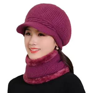 Topi rajut warna polos hangat musim dingin, set topi rajut kualitas tinggi dengan syal untuk wanita paruh baya