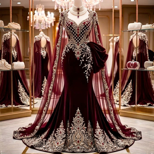 Elegant Burgundy Banana Crape Embroidered Traditional Wedding Fergani Gown <b>Cape</b> Floor-Length Regular Fit for <b>Women</b> Stylish Sun - Product Image 1