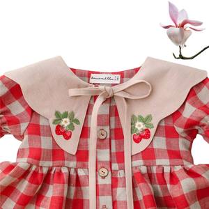 लड़कियों के लिए स्टाइलिश लघु आस्तीन राजकुमारी पोशाक, रेट्रो चेकआउट फूलों के पैटर्न मीठे रंग के लिनन कपास पोशाक - Product Image 4