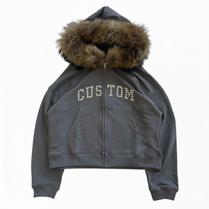 Benutzer definierte Vintage 100% Baumwolle Französisch Terry Fleece Heavyweight Boxy Fit mit Pelz Kapuze Stickerei Patch Edelstein Zip Up <span class=keywords><strong>Hoodie</strong></span> - Product Image 1