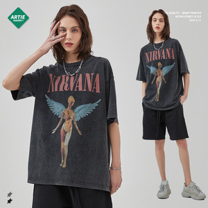 Kaos Lengan Pendek Retro dengan Cetakan Band Rock Bergaya Stone-washed dan Distressed, Merek Trendi Eropa dan Amerika. - Product Image 3