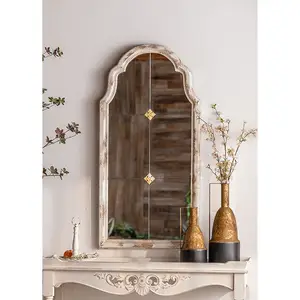法国乡村农舍长装饰镜沙发背景装饰白色挂镜冷杉木框拱形墙镜