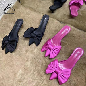 Sandales d'été à talons courts pour femmes, nœud papillon, Satin soie, talons hauts pour dames, <span class=keywords><strong>chaussures</strong></span> pour femmes, pantoufles - Product Image 6