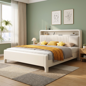Mid-Century Modern Solid Wood White Wall <b>Bed</b> <b>Platform</b> Bedroom Furniture - Product Image 2
