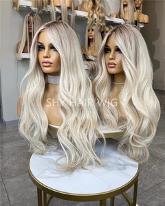 Pelucas completas de encaje de cabello humano 100% de lujo Balayage Highlight Light Ash Platinum Blonde HD 200% Long ondulado Frontal Glueless Swiss Lace - Product Image 3