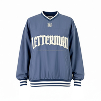 Sudadera Varsity con Cuello en V, Bordado 3D Personalizado al por Mayor, Estilo Letterman, Color Azul Marino, Unisex, Estilo Preppy