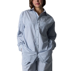 Pijama de mujer SUHE, conjunto de descanso con camisa a rayas de algodón suave tejido, manga larga, corte holgado, abotonado, fino, transfronterizo. - Product Image 1