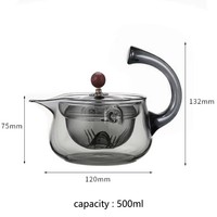 Tetera de Vidrio Borosilicato KELIN de 500ml, Color Gris Humo, Resistente al Calor, Diseño Minimalista con Asa Lateral, para Té Suelto, Venta al Por Mayor