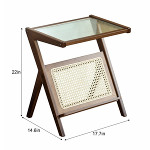 Rattan Side <b>Table</b> With Storage Glass Top Boho End <b>Table</b> For Small Space - Product Image 2