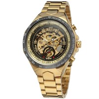 WINNER Montre-bracelet automatique mécanique pour homme, design squelette doré, en acier inoxydable, style rétro
